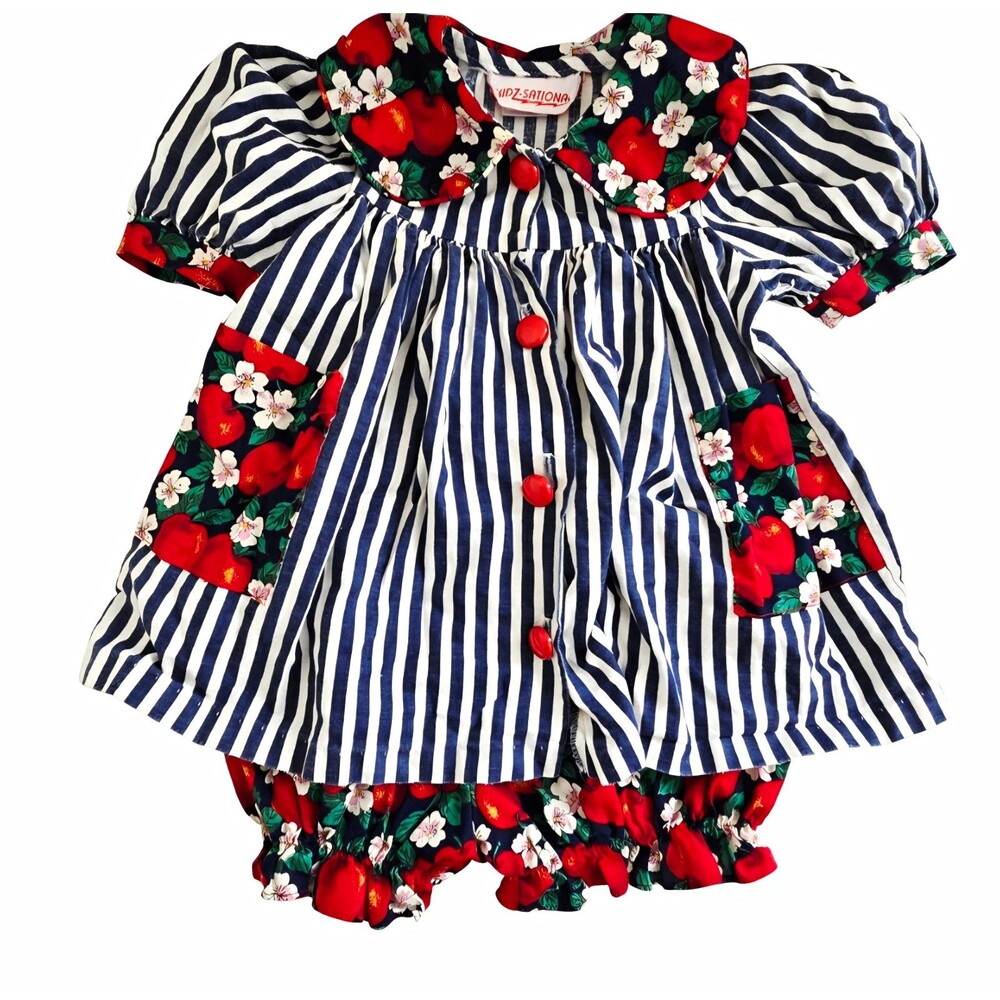 VINTAGE KIDZ-SATIONAL Girls 18-24M Blue/White Striped A-Line Dress Floral Collar
